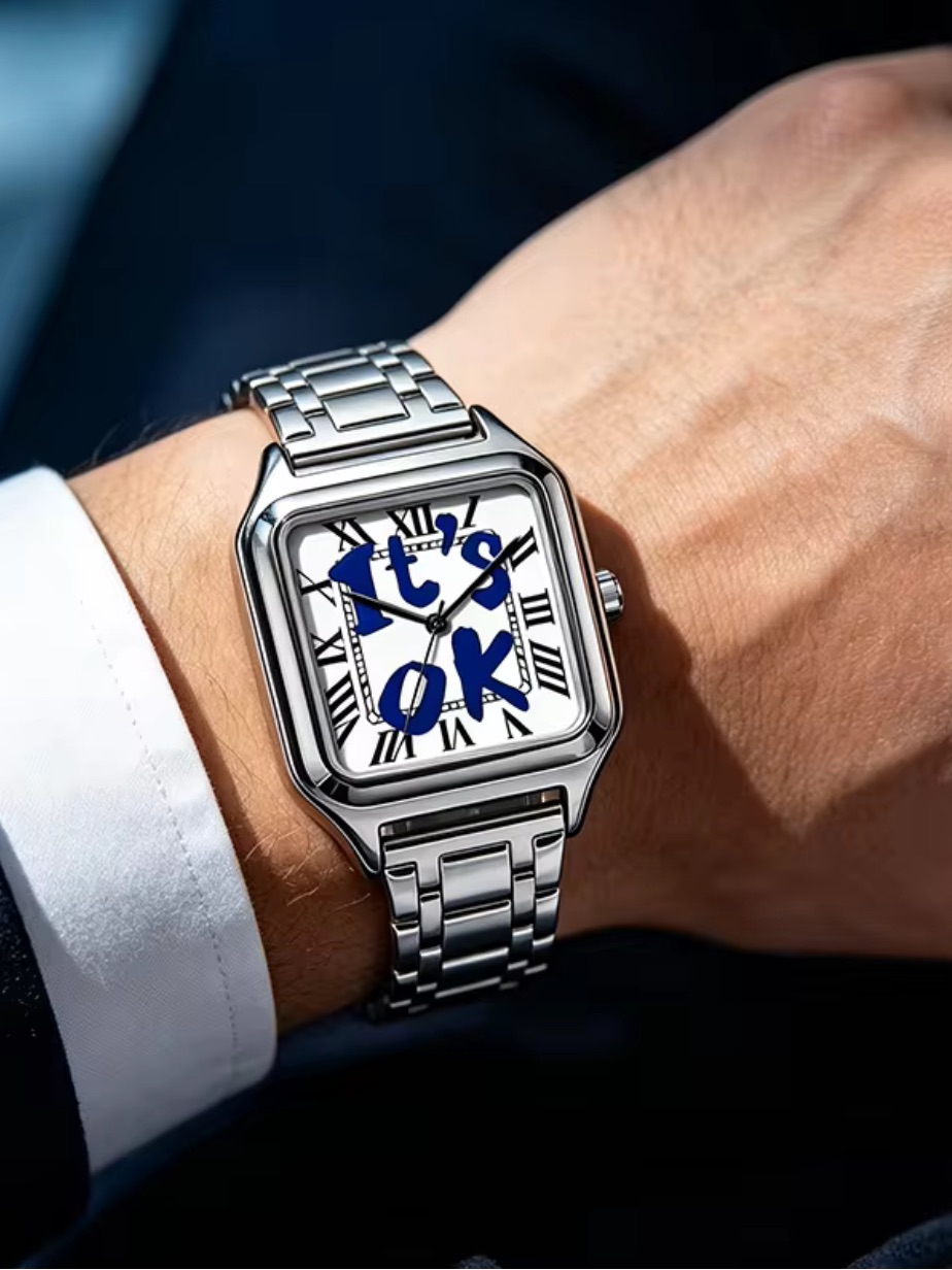 Mens Silver Stainless Steel Bracelet Watch With Blue Dial Accents